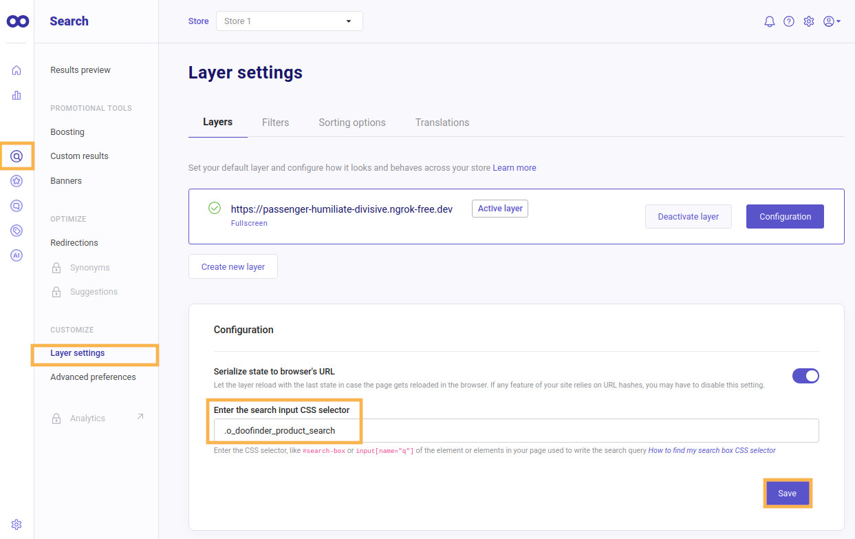 doofinder search layer settings enter the search input css selector