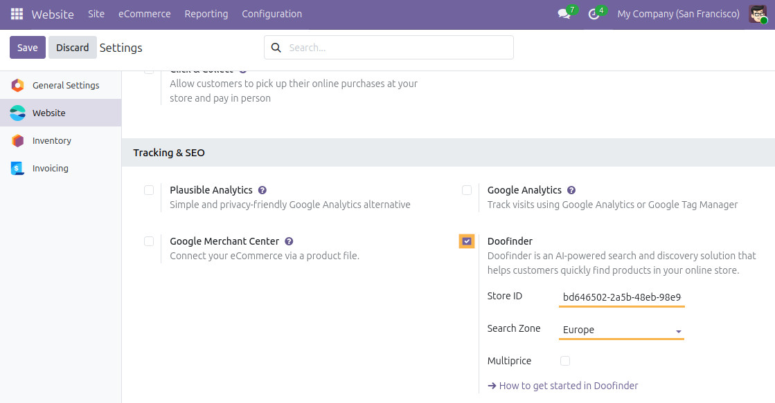 odoo website settings tracking seo doofinder store id search zone