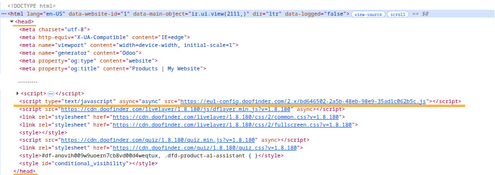 odoo website source code doofinder script