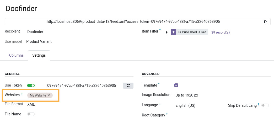odoo doofinder feed websites settings