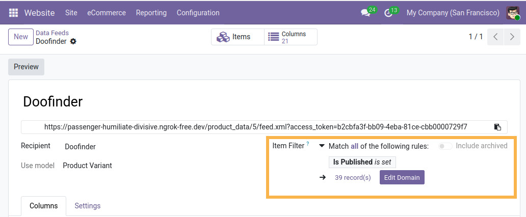 odoo doofinder feed item filter