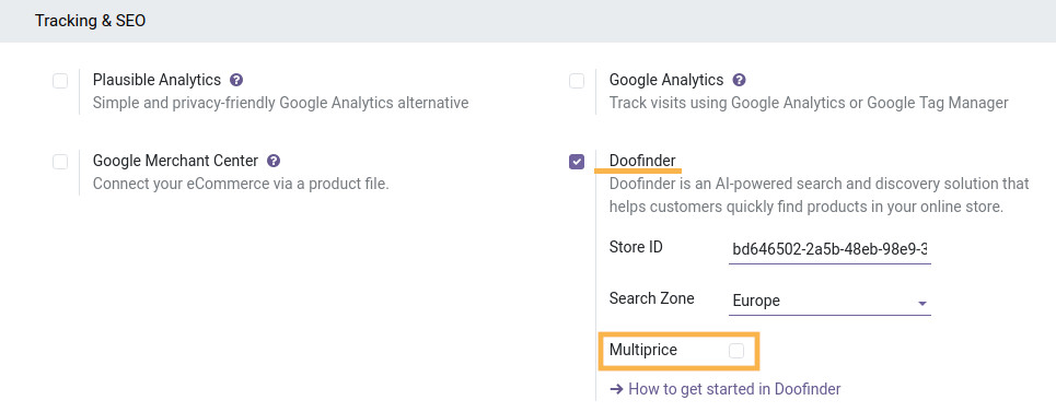 odoo website settings tracking seo doofinder multiprice disabled