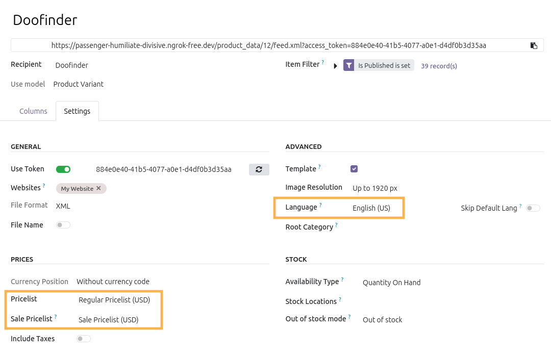 odoo doofinder feed settings language prices sale pricelist