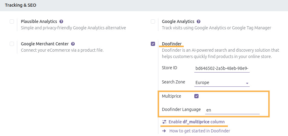 odoo website settings tracking seo doofinder multiprice enabled language