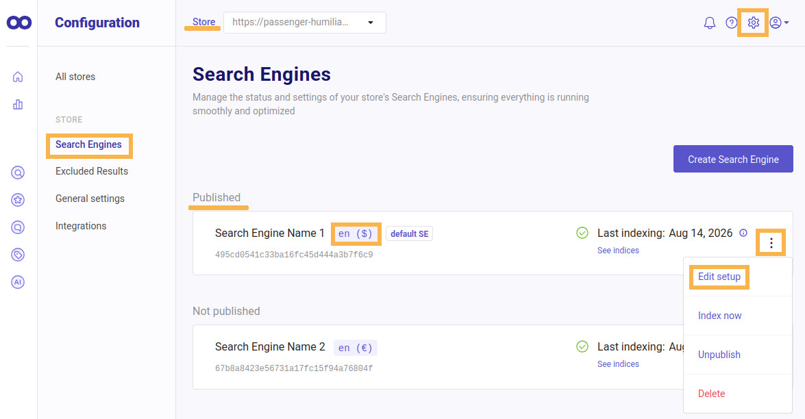 doofinder store configuration search engine published language code edit setup