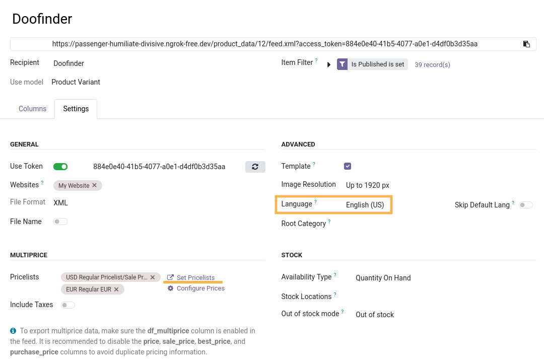 odoo doofinder feed settings language multiprice set pricelists