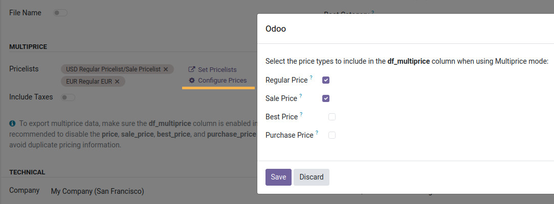 odoo doofinder feed settings multiprice configure prices