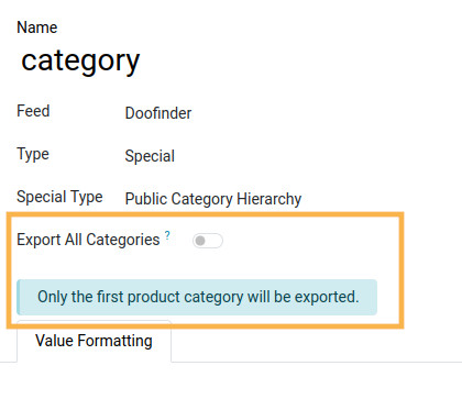 odoo doofinder feed category column export all categories disabled