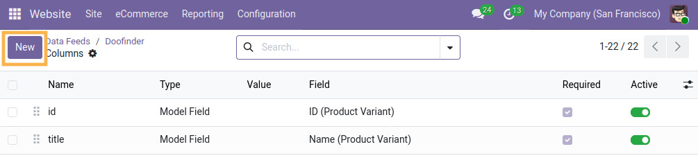 odoo doofinder feed columns new