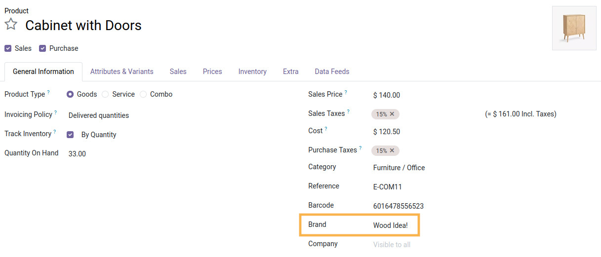 odoo product general information brand