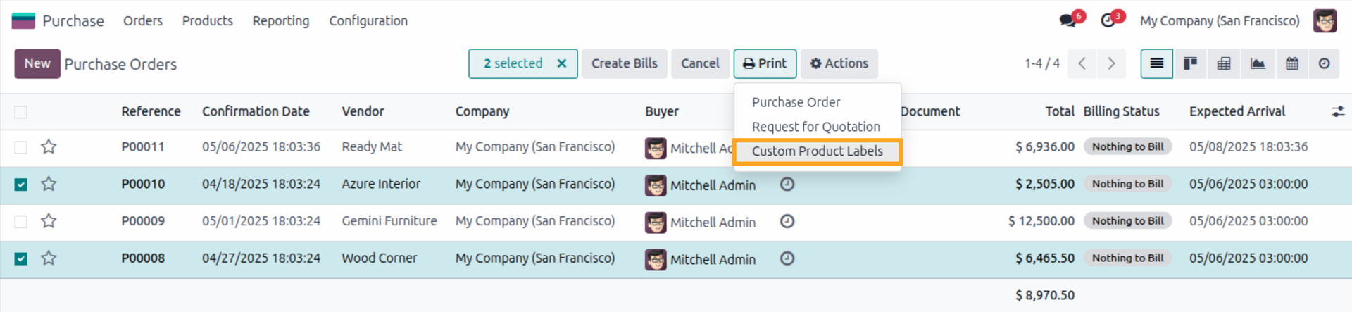 odoo purchase orders select print cutom product labels