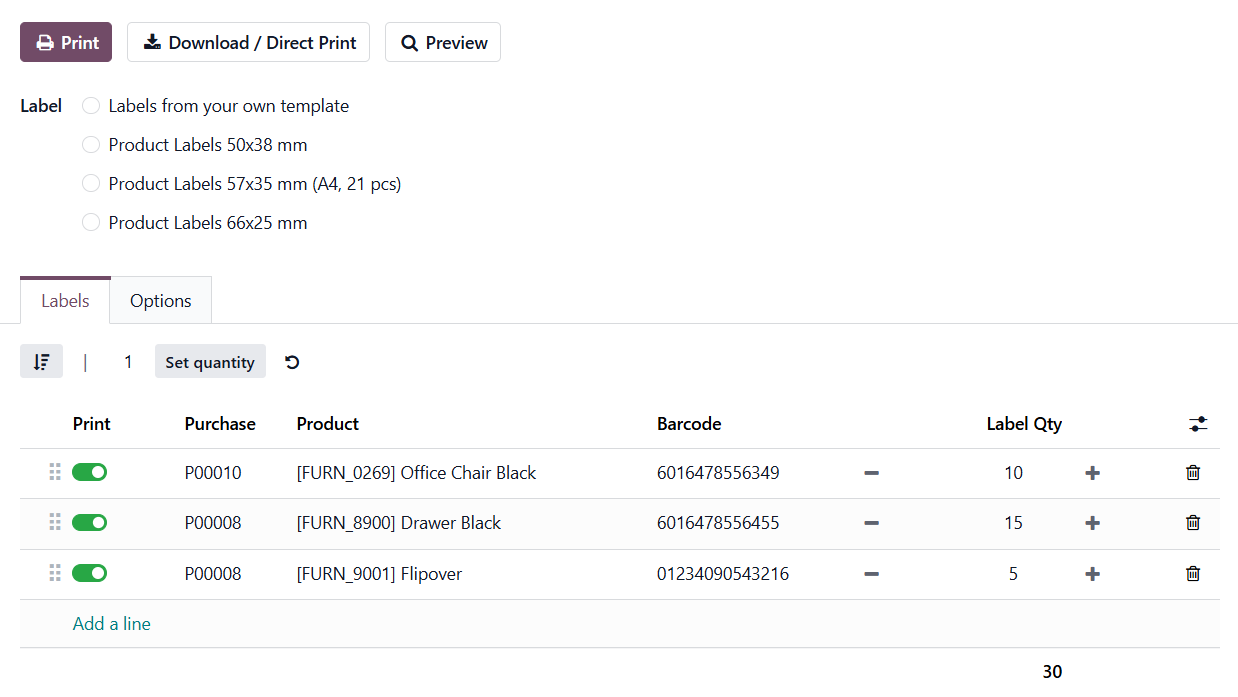 odoo purchase orders product labels print wizard