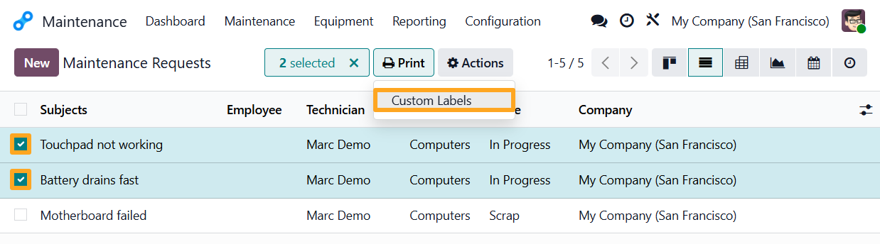 odoo maintenance requests select print custom labels