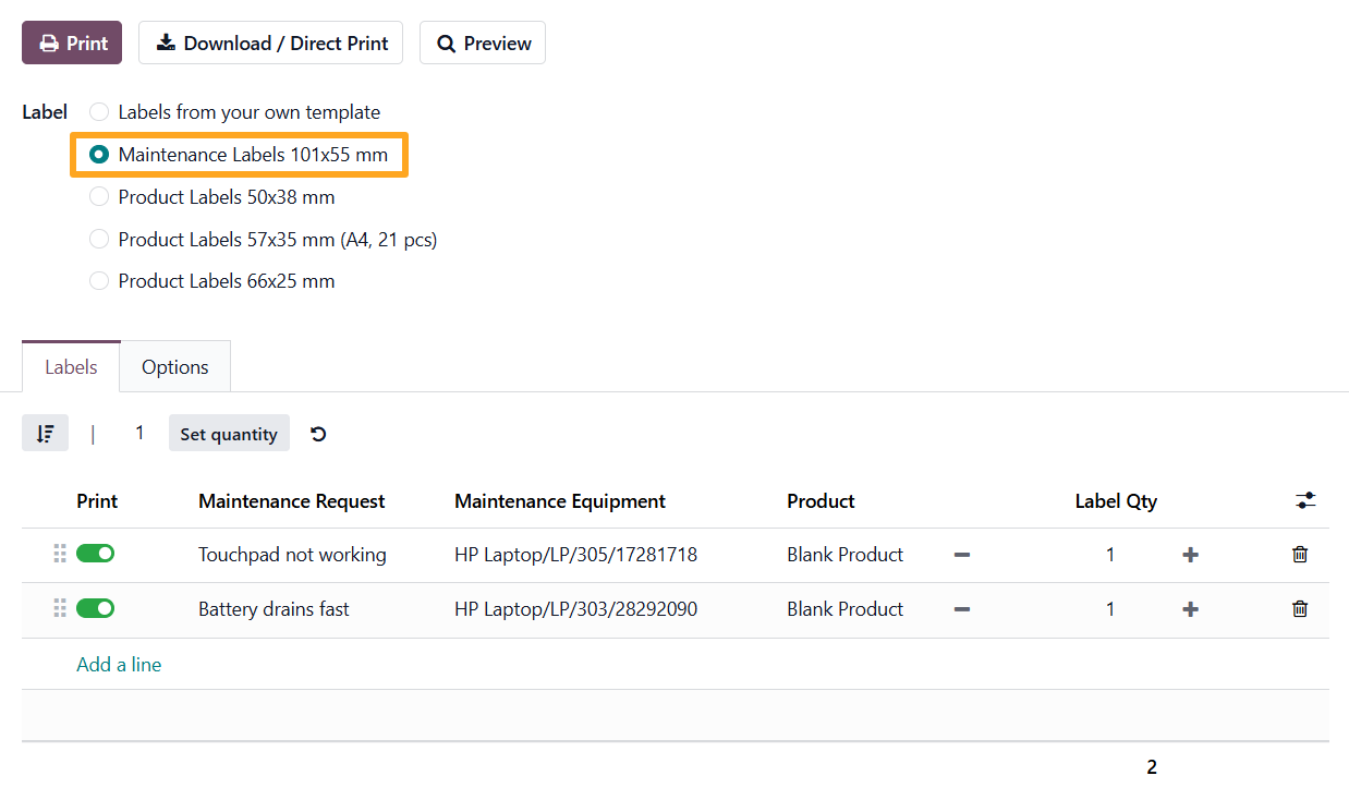 odoo maintenance request equipment labels print wizard