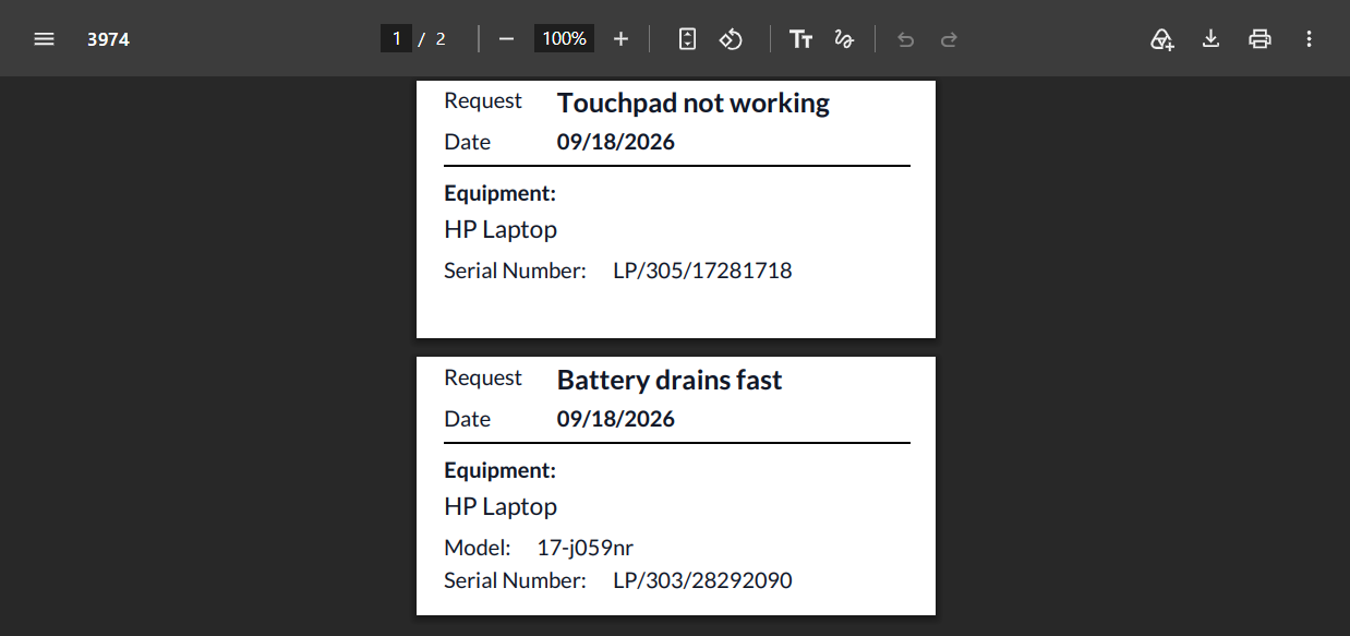 odoo maintenance request equipment labels