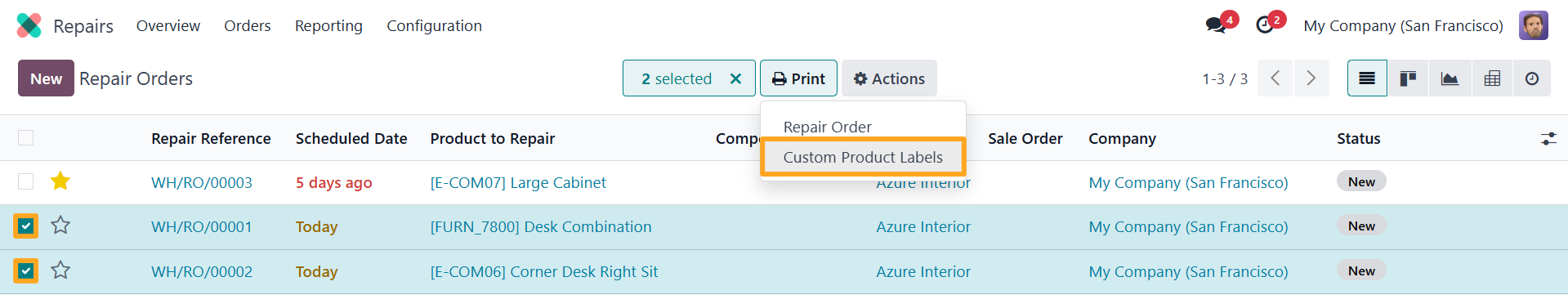 odoo repair orders select print custom product labels