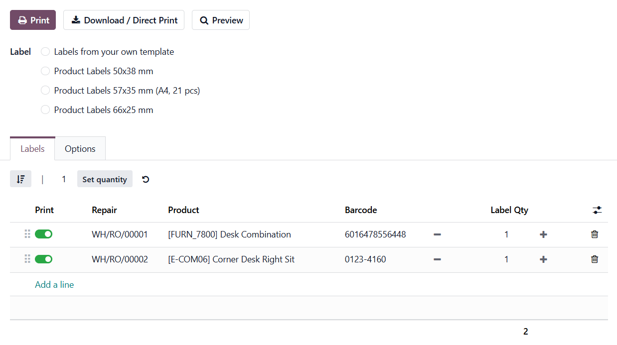 odoo repair orders product labels print wizard