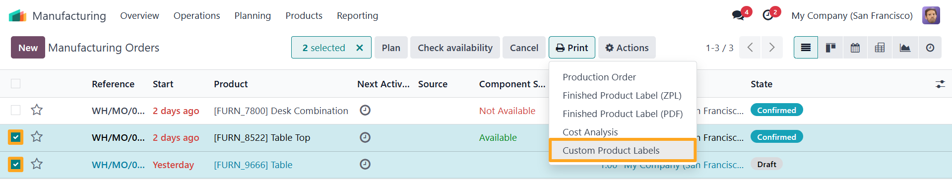 odoo select manufacturing orders print custom product labels