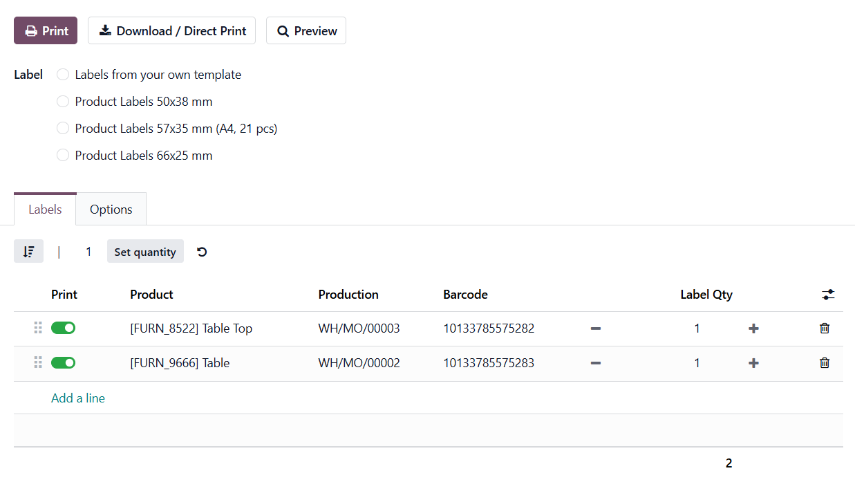 odoo manufacturing orders product labels print wizard