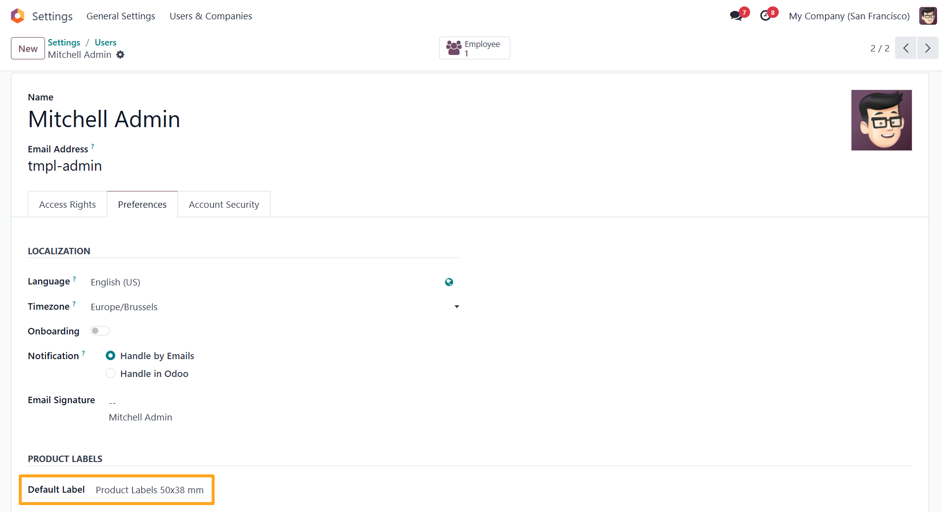 odoo user preferences product labels default label