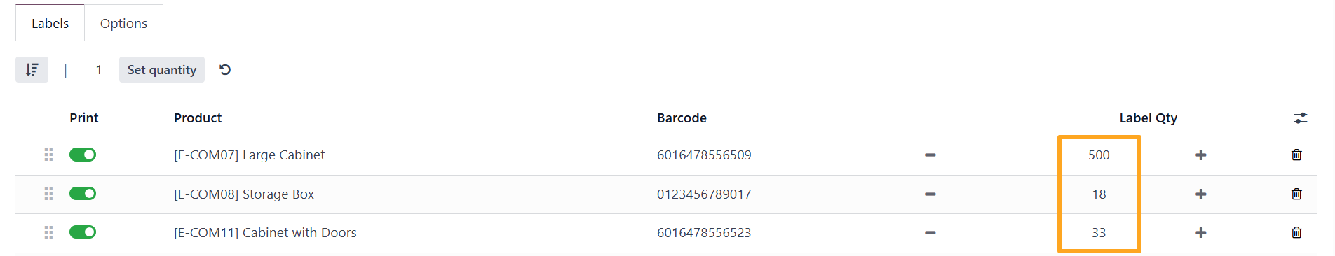 odoo inventory adjustments print wizard product labels quantity
