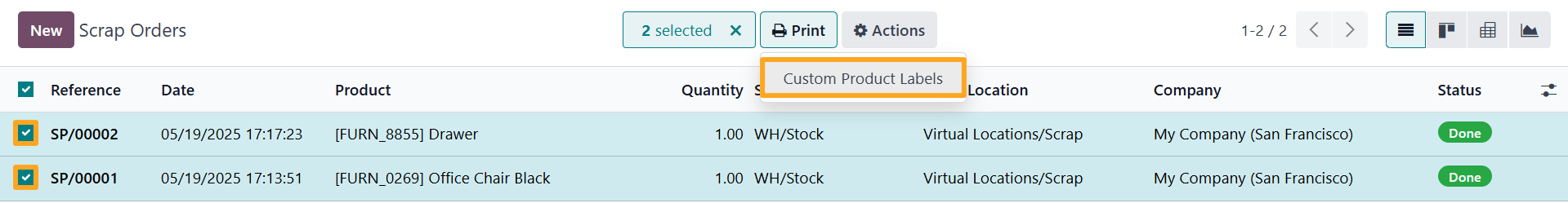 odoo inventory scrap orders select print custom product labels