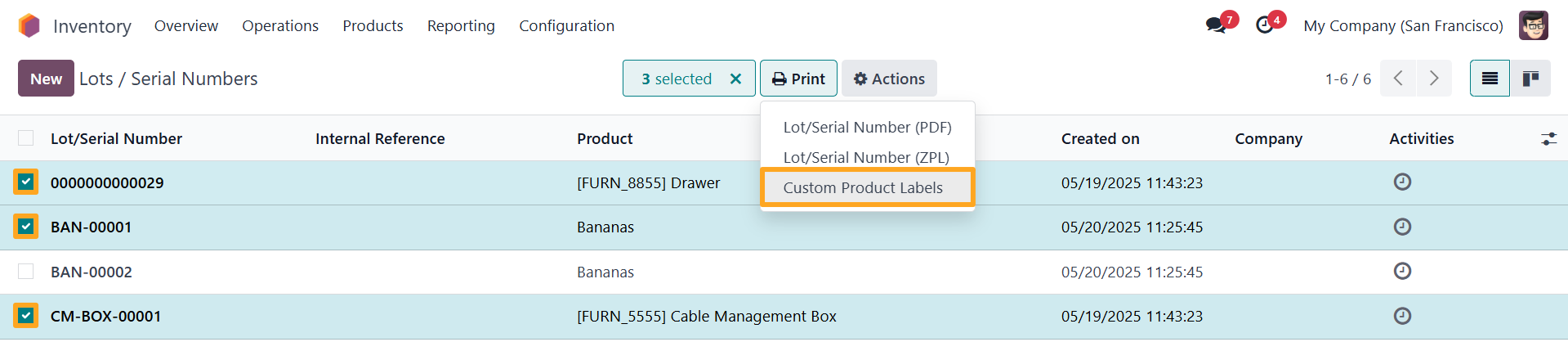 odoo inventory lots serial numbers select print custom product labels