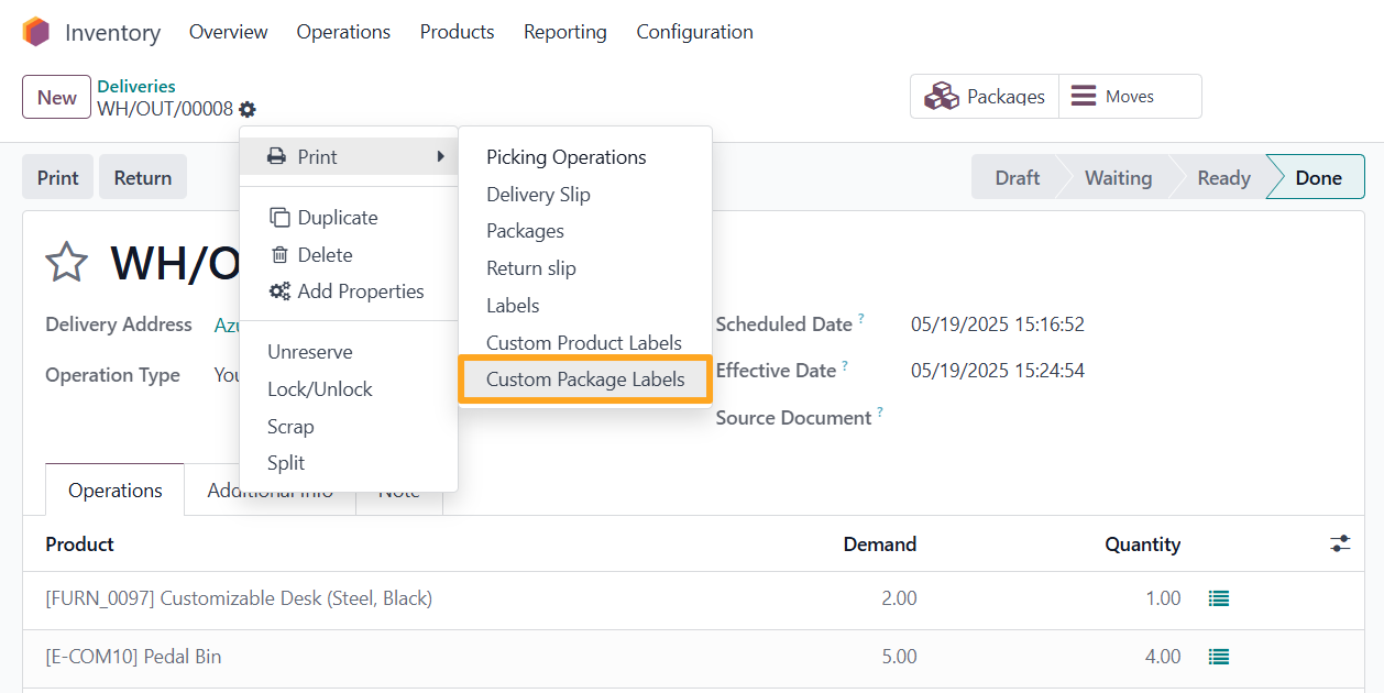 odoo inventory deliveries print custom package labels
