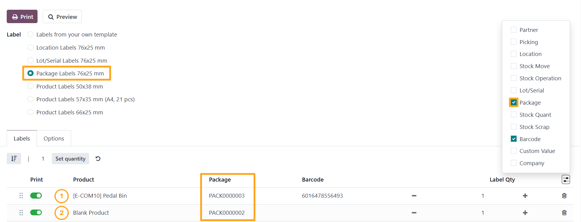 odoo inventory print wizard package labels