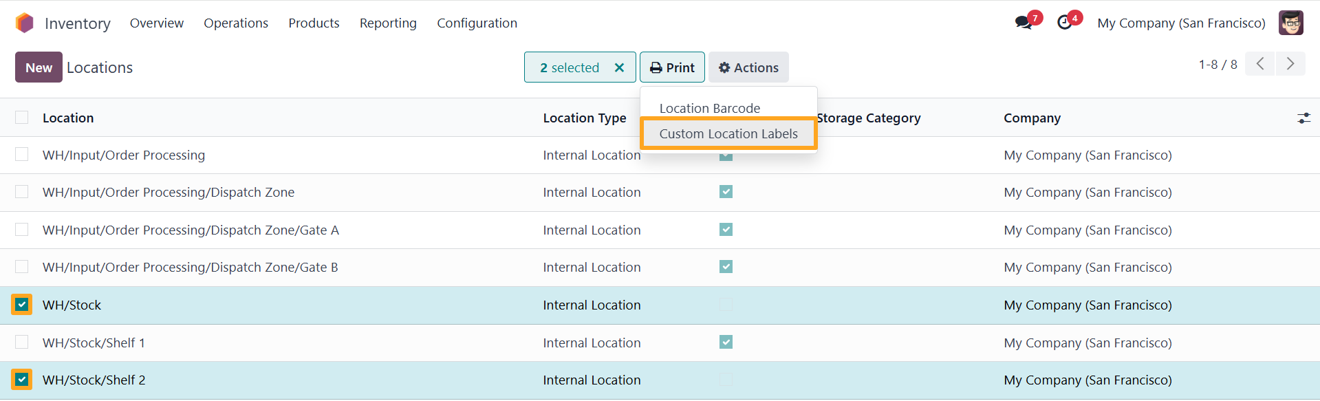 odoo inventory locations select print custom location labels