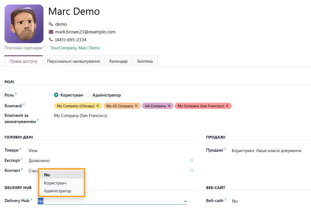 odoo user settings access rights delivery hub
