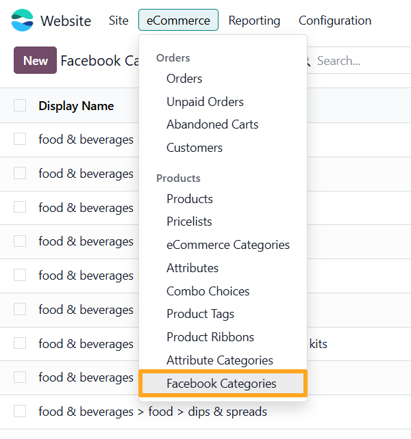 odoo website ecommerce facebook categories
