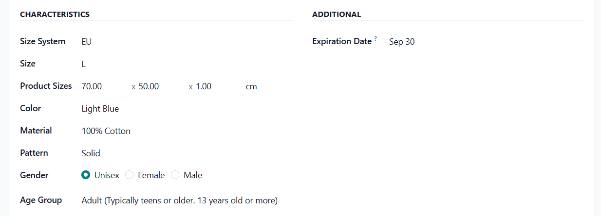 odoo product extra additional characteristics