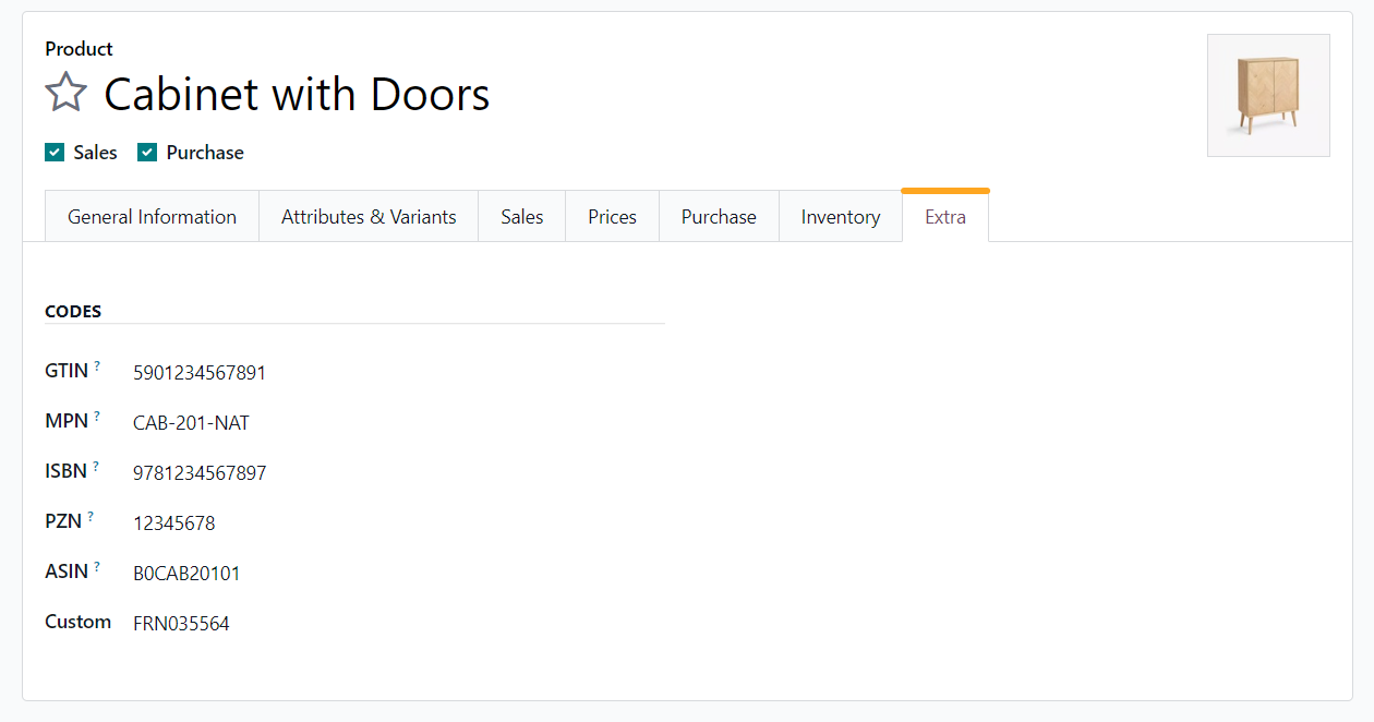 odoo товар extra коди gtin mpn isbn pzn asin custom
