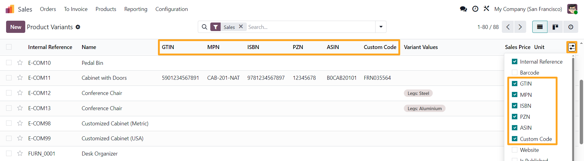 odoo список товарів колонки gtin mpn isbn pzn asin custom
