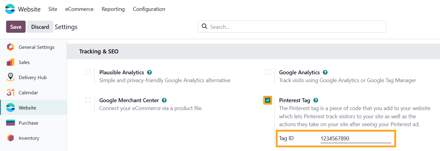 odoo website settings tracking seo pinterest tag id