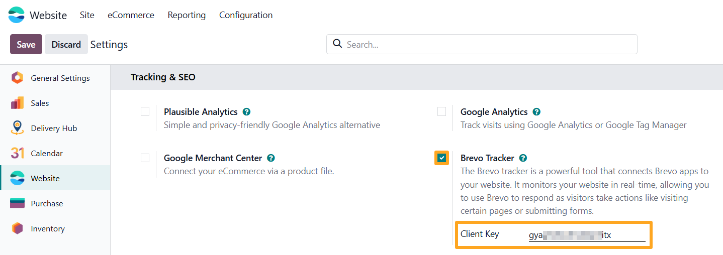 odoo website settings tracking seo brevo tracker client key