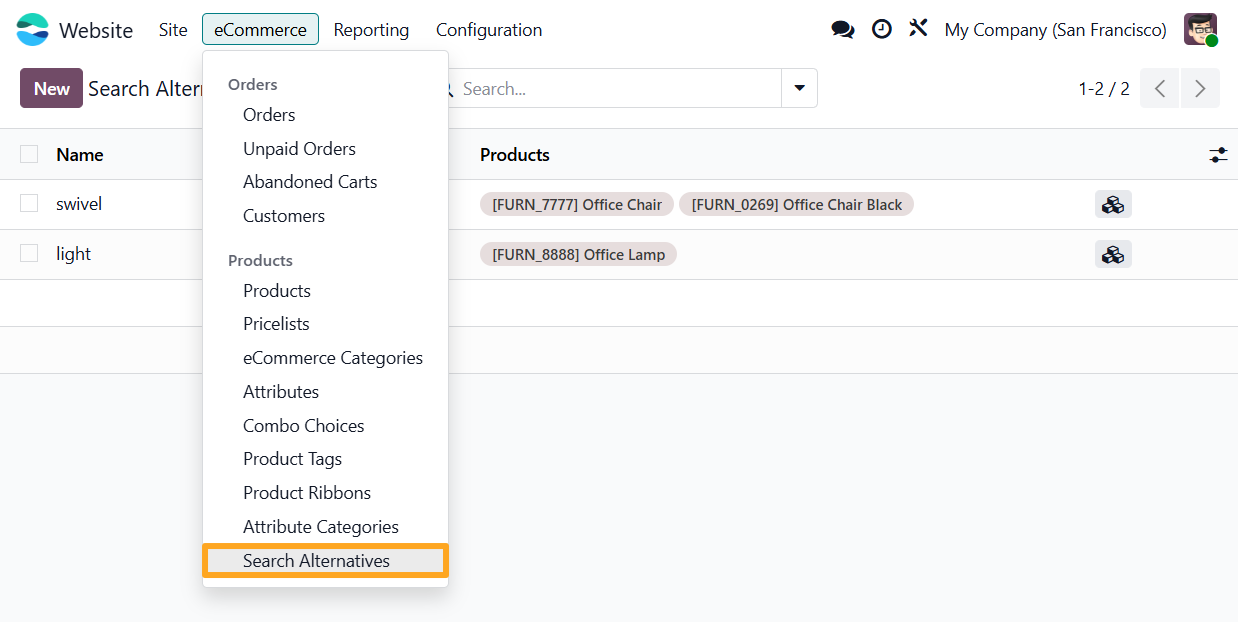 odoo website ecommerce products search alternatives