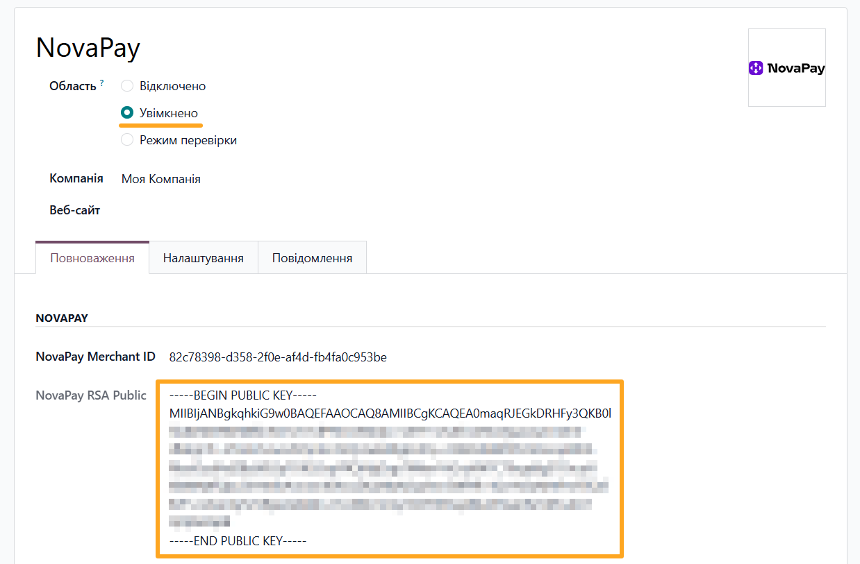 odoo novapay payment provider enabled credentials rsa public key