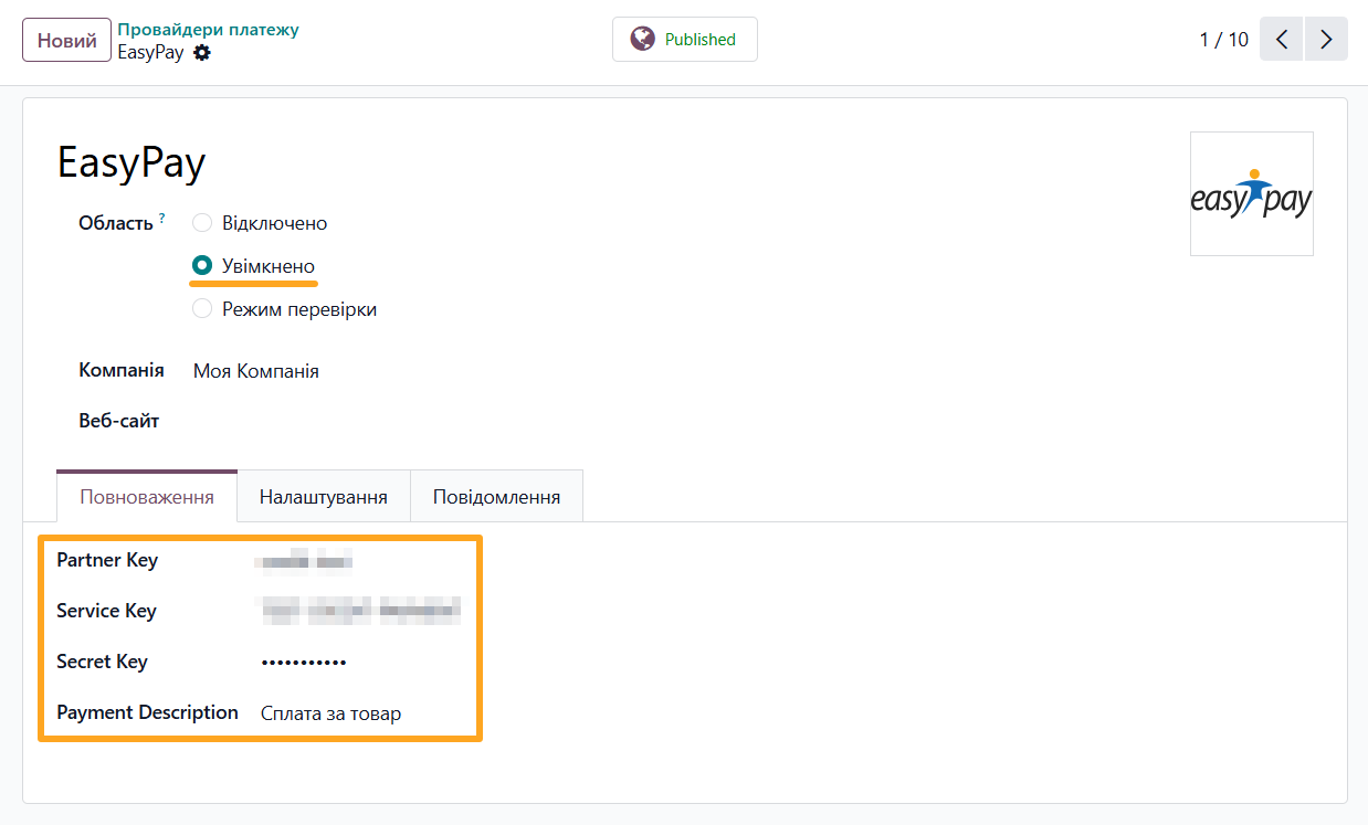 odoo enabled easypay payment provider credentials