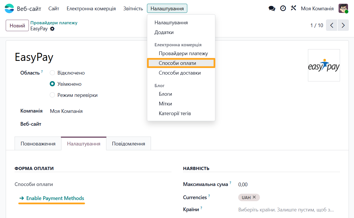 odoo website configuration ecommerce enable payment methods easypay