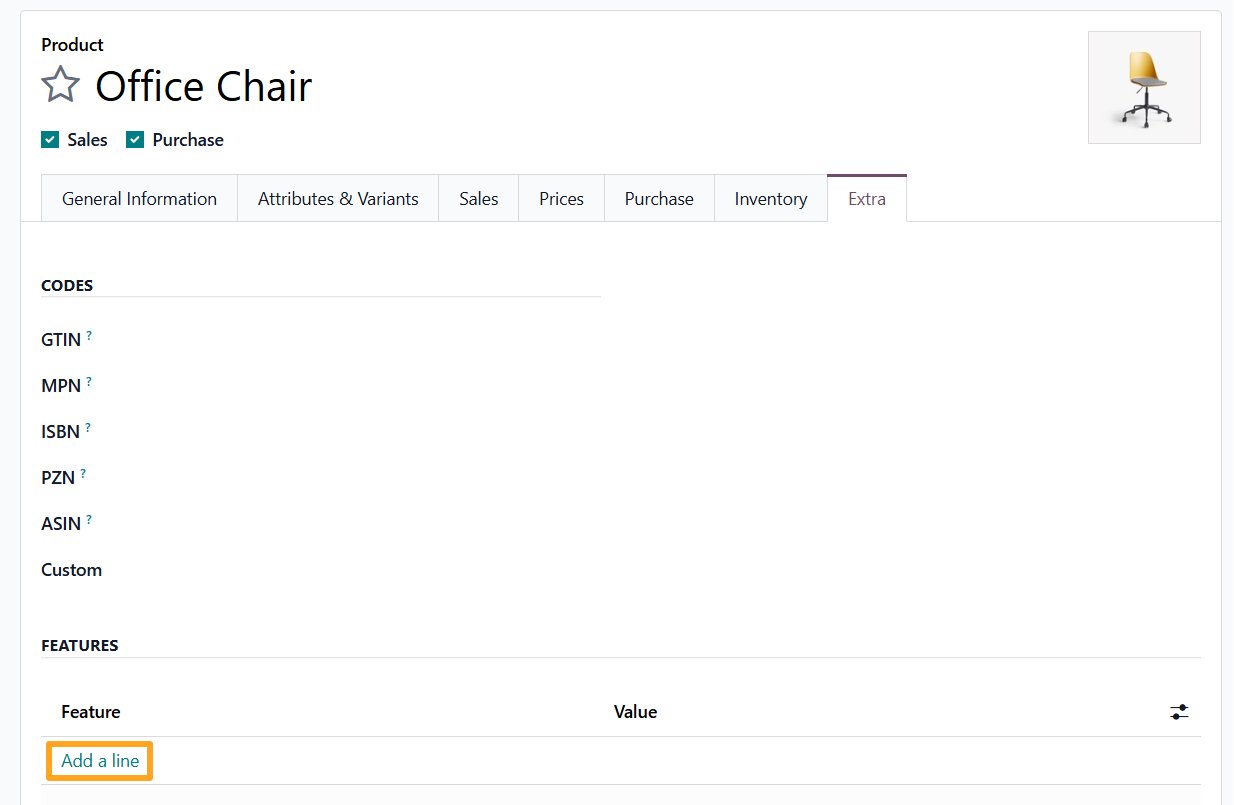 odoo product extra features add a line
