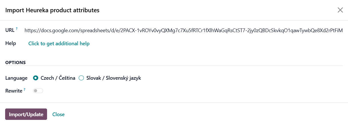 odoo import heureka product attributes