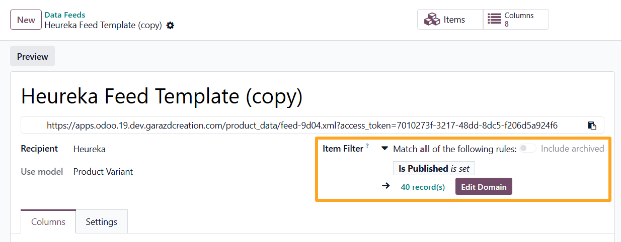 odoo heureka product data feed item filter