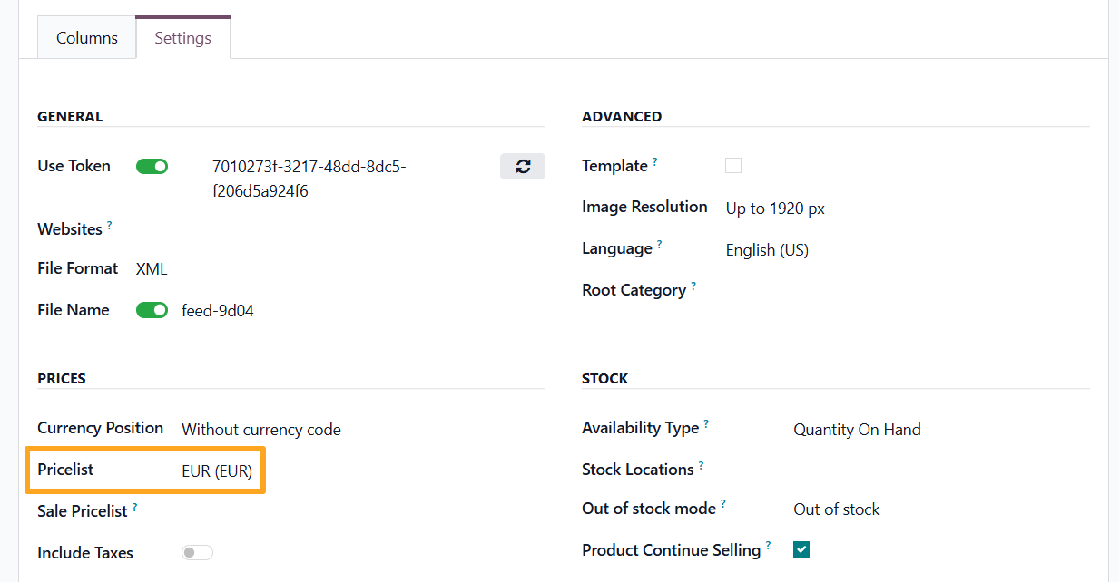 odoo heureka product data feed prices settings pricelist