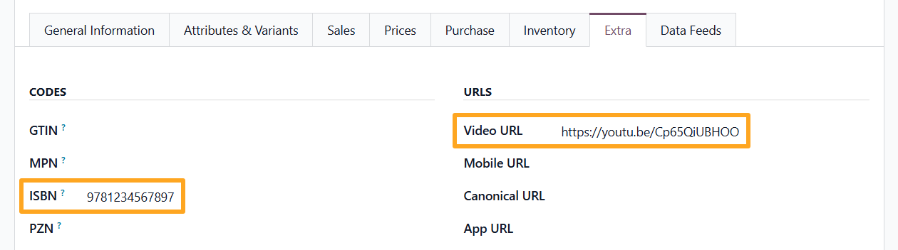 odoo product extra codes urls isbn video url