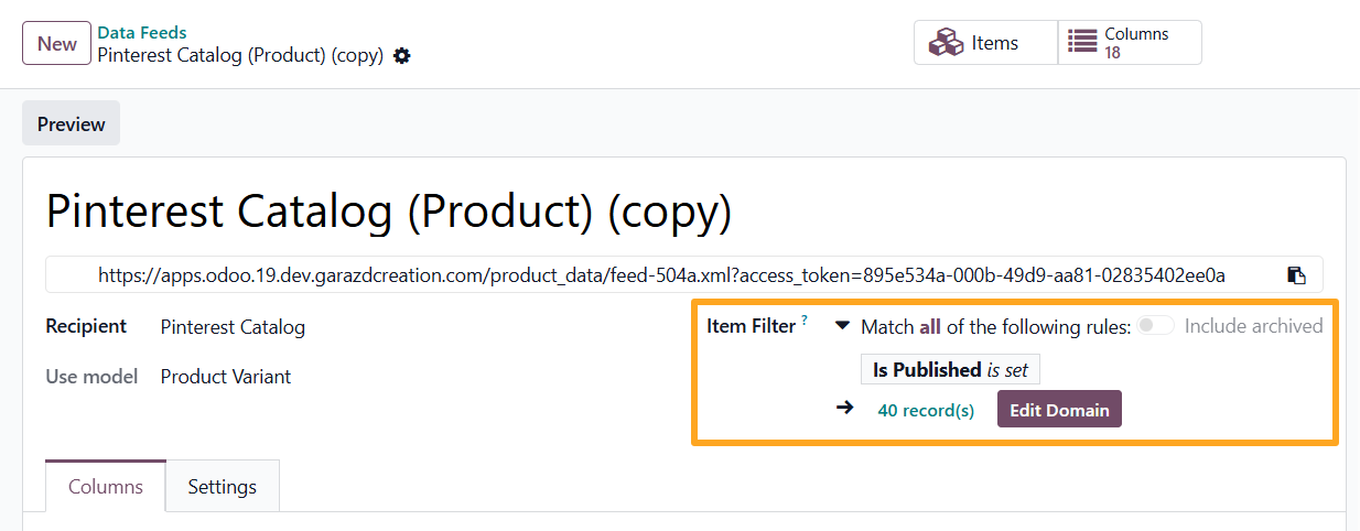 odoo pinterest product data feed item filter