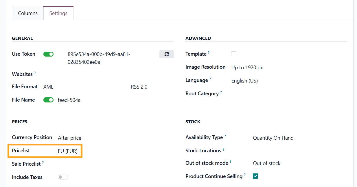 odoo pinterest product data feed prices settings pricelist