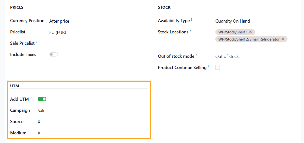 odoo pinterest product data feed add utm settings