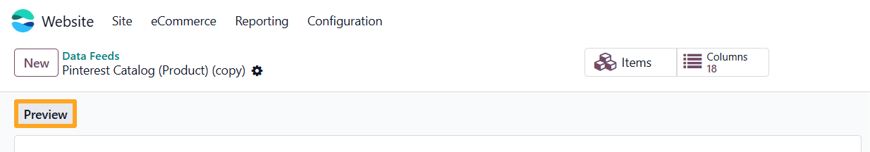 odoo pinterest product data feed preview button